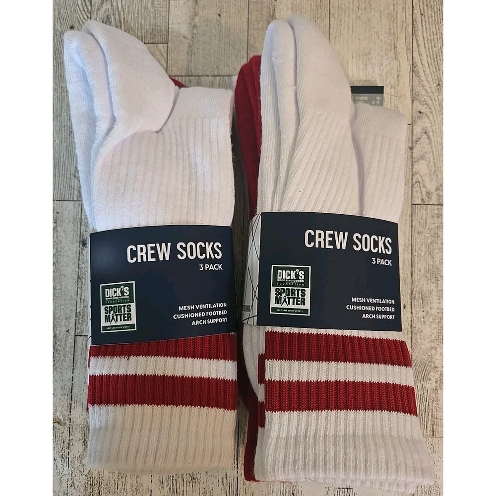 Mens Crew Socks LARGE 3pk Cushioned Arch RED Baseball Stripe Lot of 2 NEW